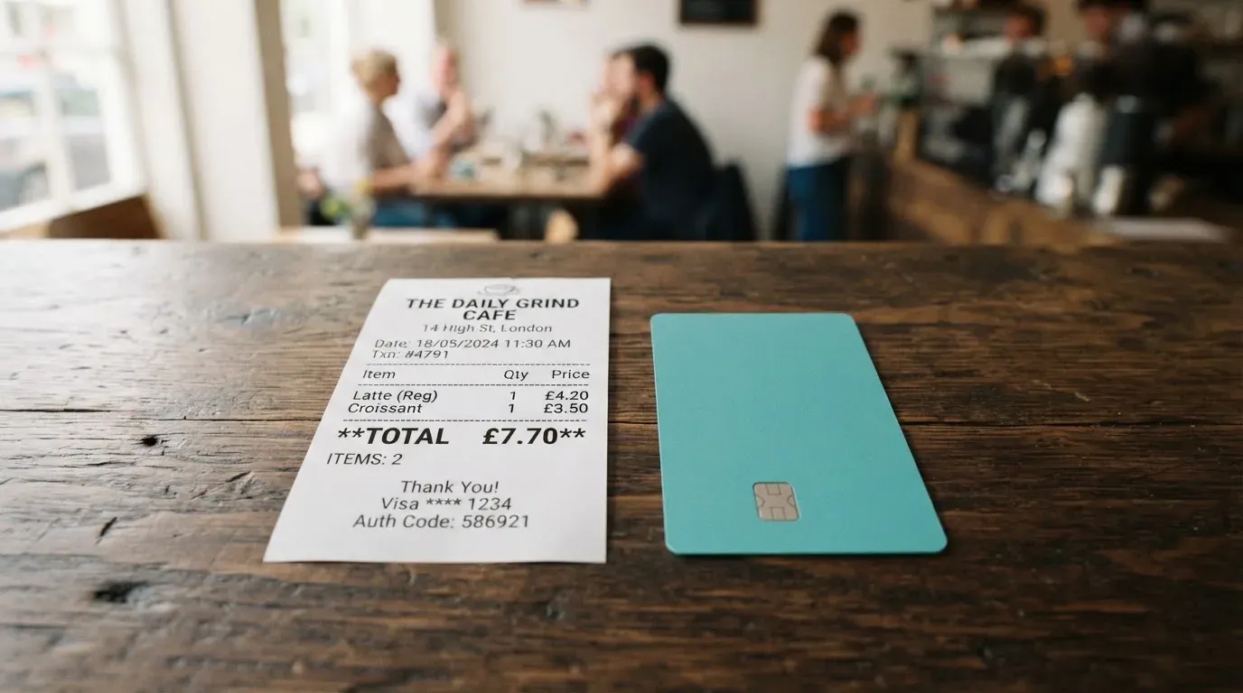 A receipt and a card on a café table