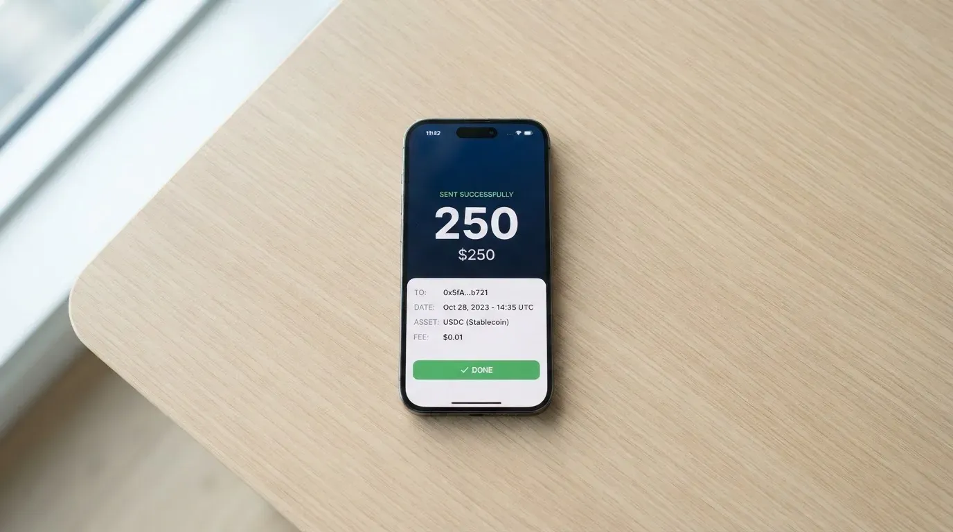 A phone showing a stablecoin transfer screen