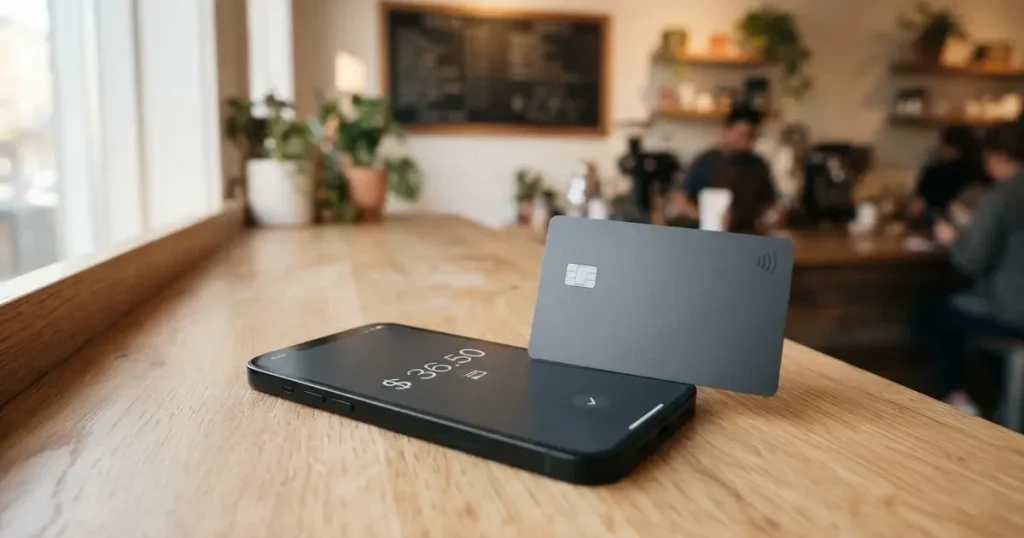 A payment card next to a phone with a crypto wallet app open