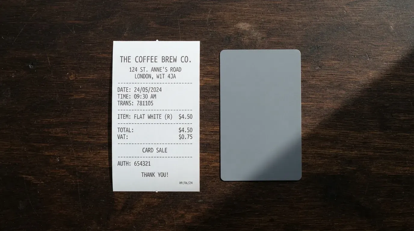 A receipt and a card on a café table