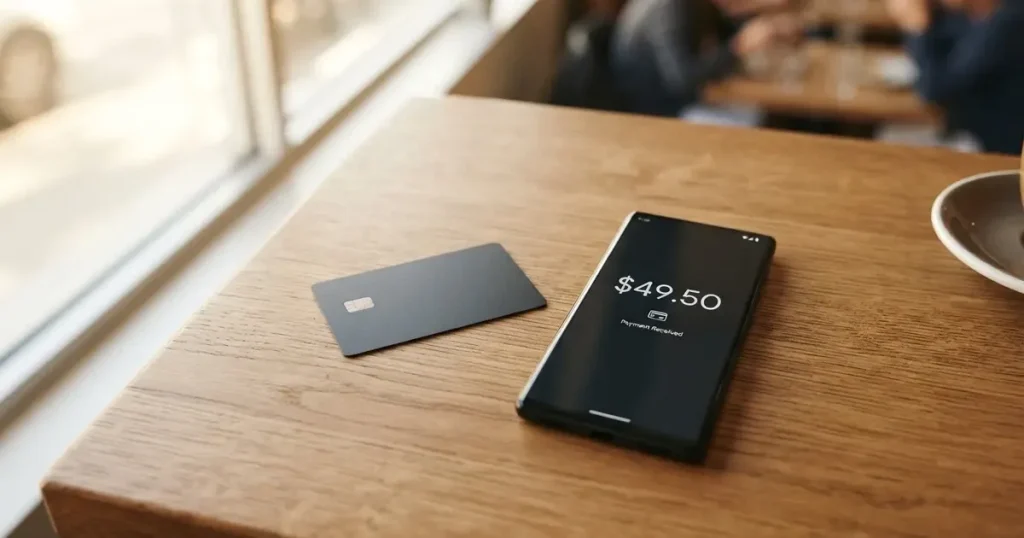 A payment card next to a phone with a crypto wallet app open