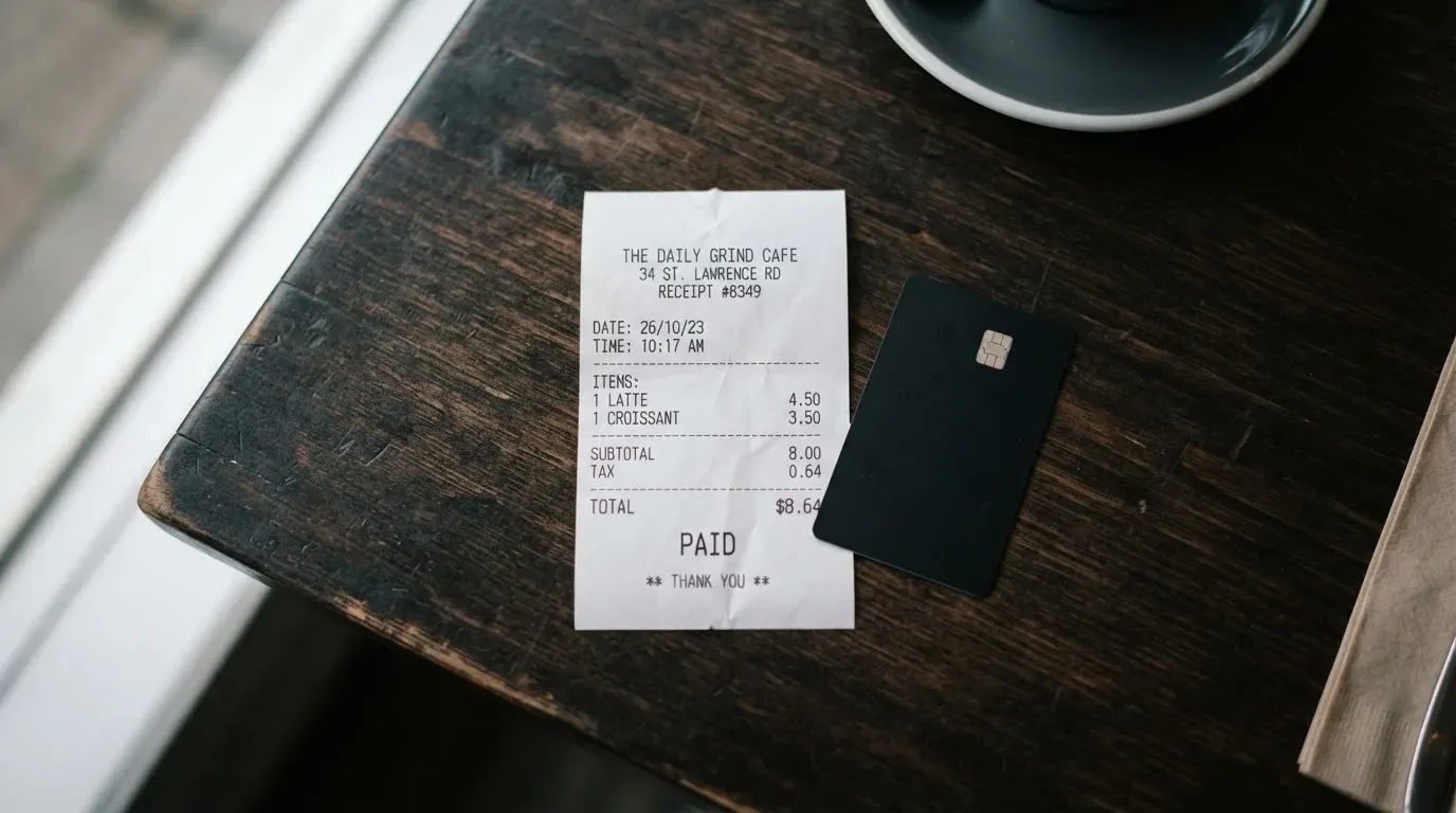 A receipt and a card on a café table