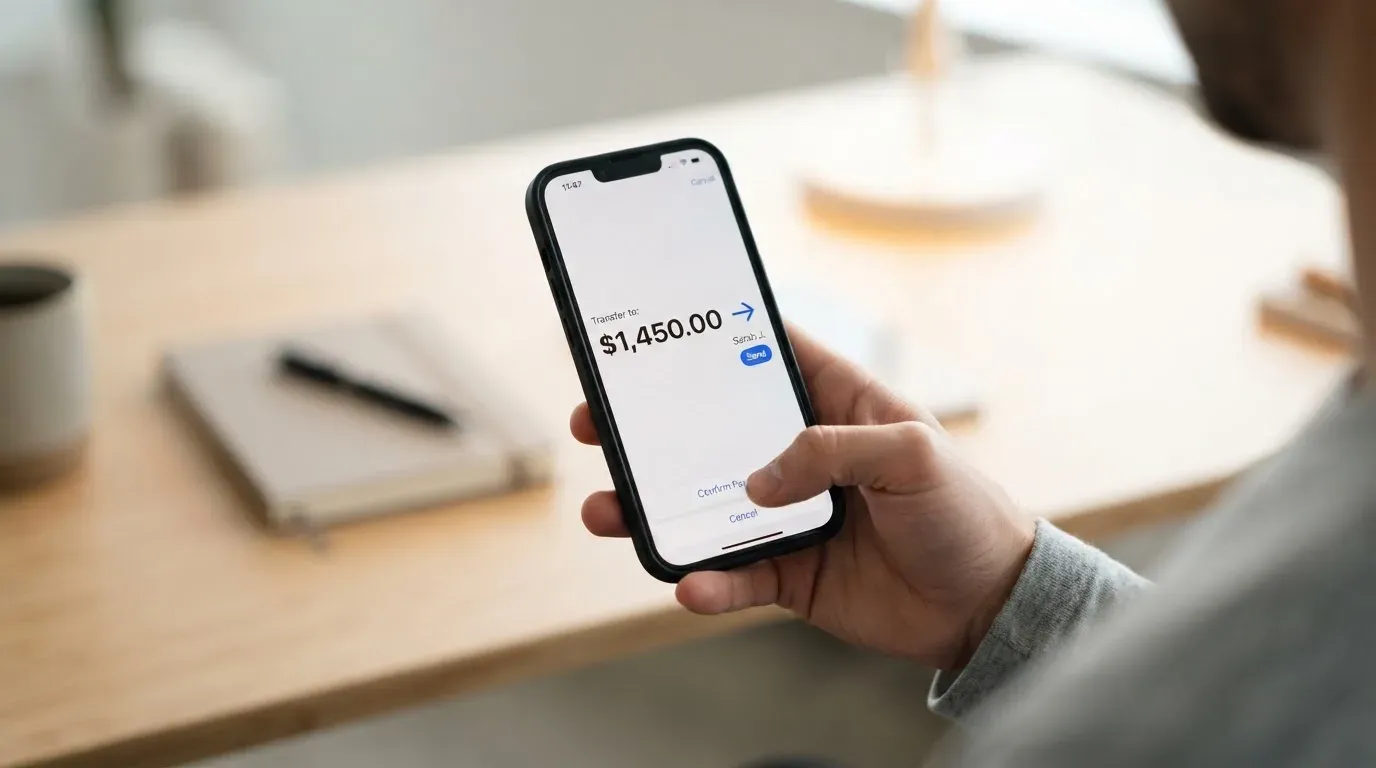 A phone showing a stablecoin transfer screen