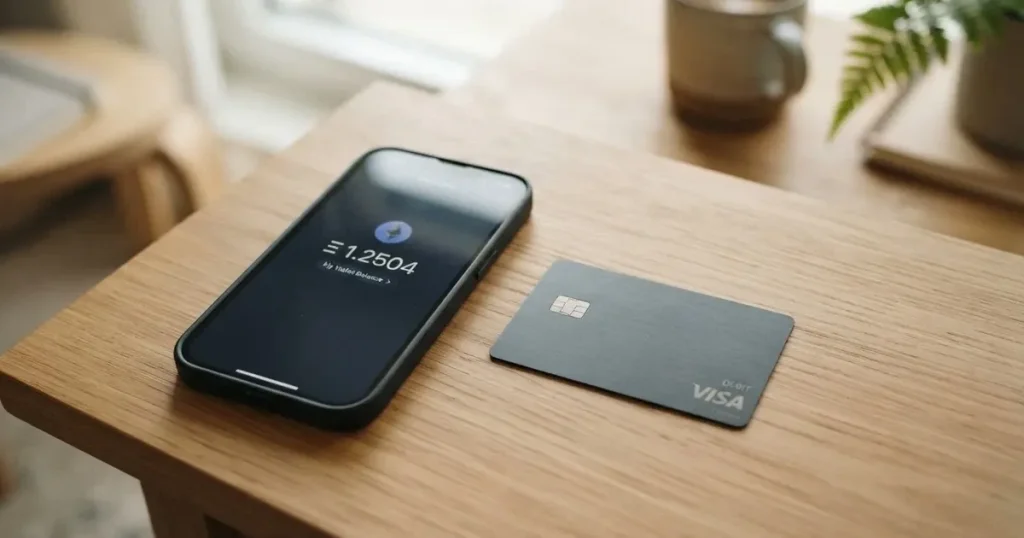A payment card next to a phone with a crypto wallet app open