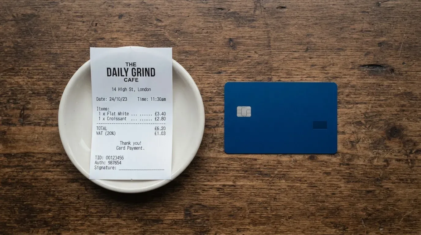 A receipt and a card on a café table