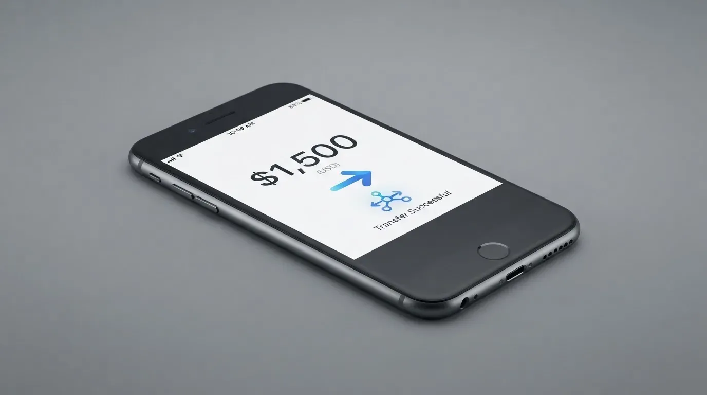 A phone showing a stablecoin transfer screen