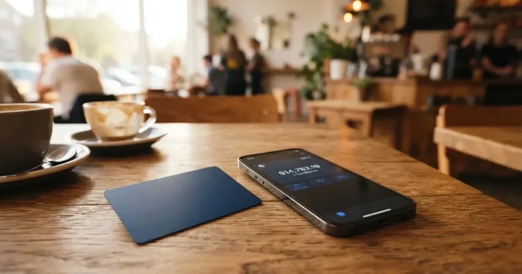 A payment card next to a phone with a crypto wallet app open