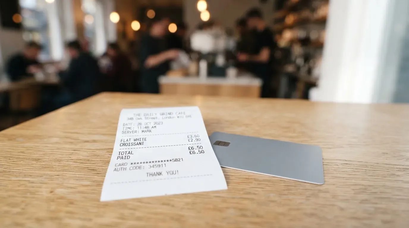 A receipt and a card on a café table