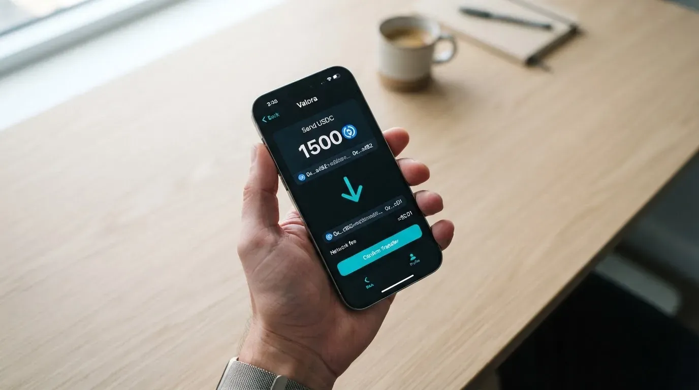 A phone showing a stablecoin transfer screen