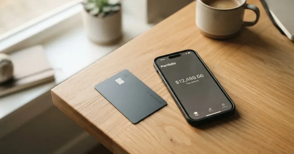 A payment card next to a phone with a crypto wallet app open