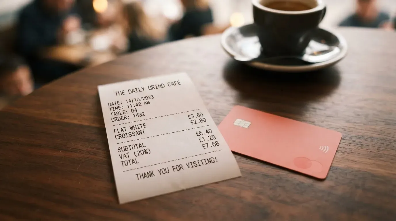 A receipt and a card on a café table