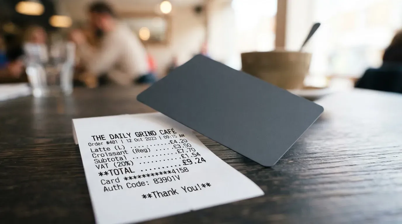 A receipt and a card on a café table