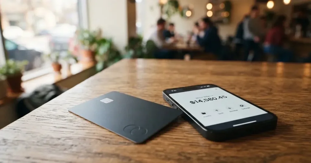 A payment card next to a phone with a crypto wallet app open