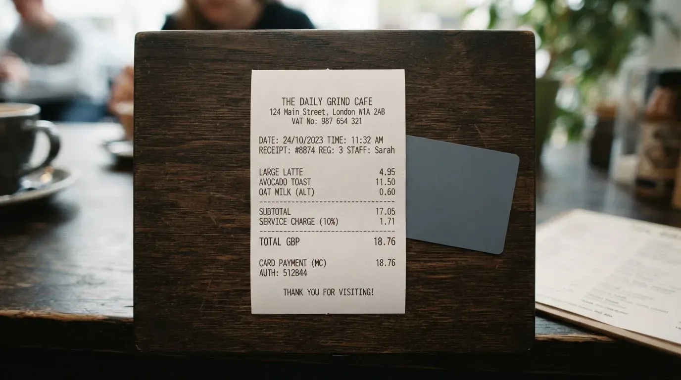 A receipt and a card on a café table