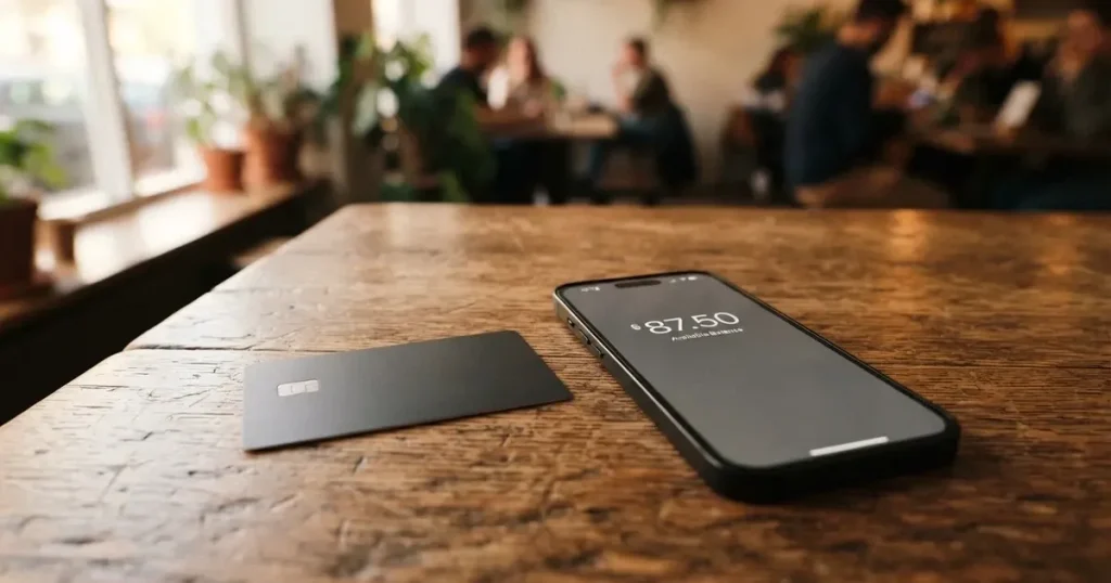 A payment card next to a phone with a crypto wallet app open