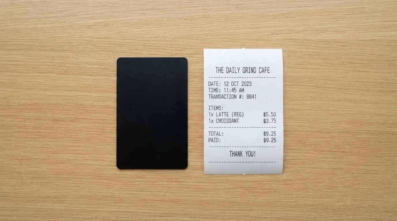A receipt and a card on a café table