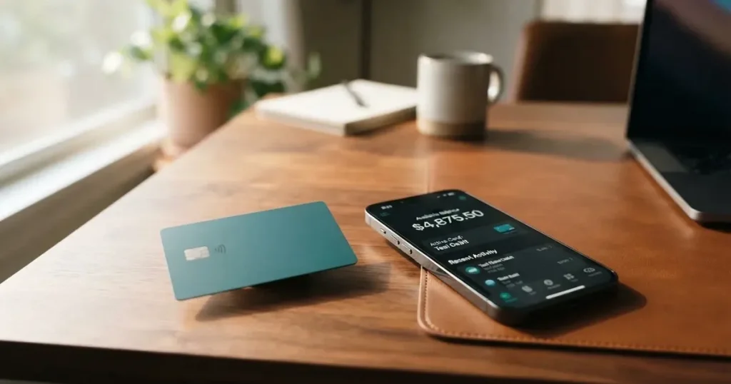 A payment card next to a phone with a crypto wallet app open