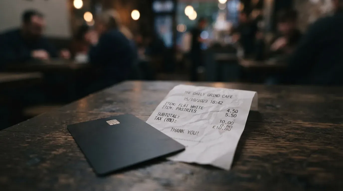 A receipt and a card on a café table