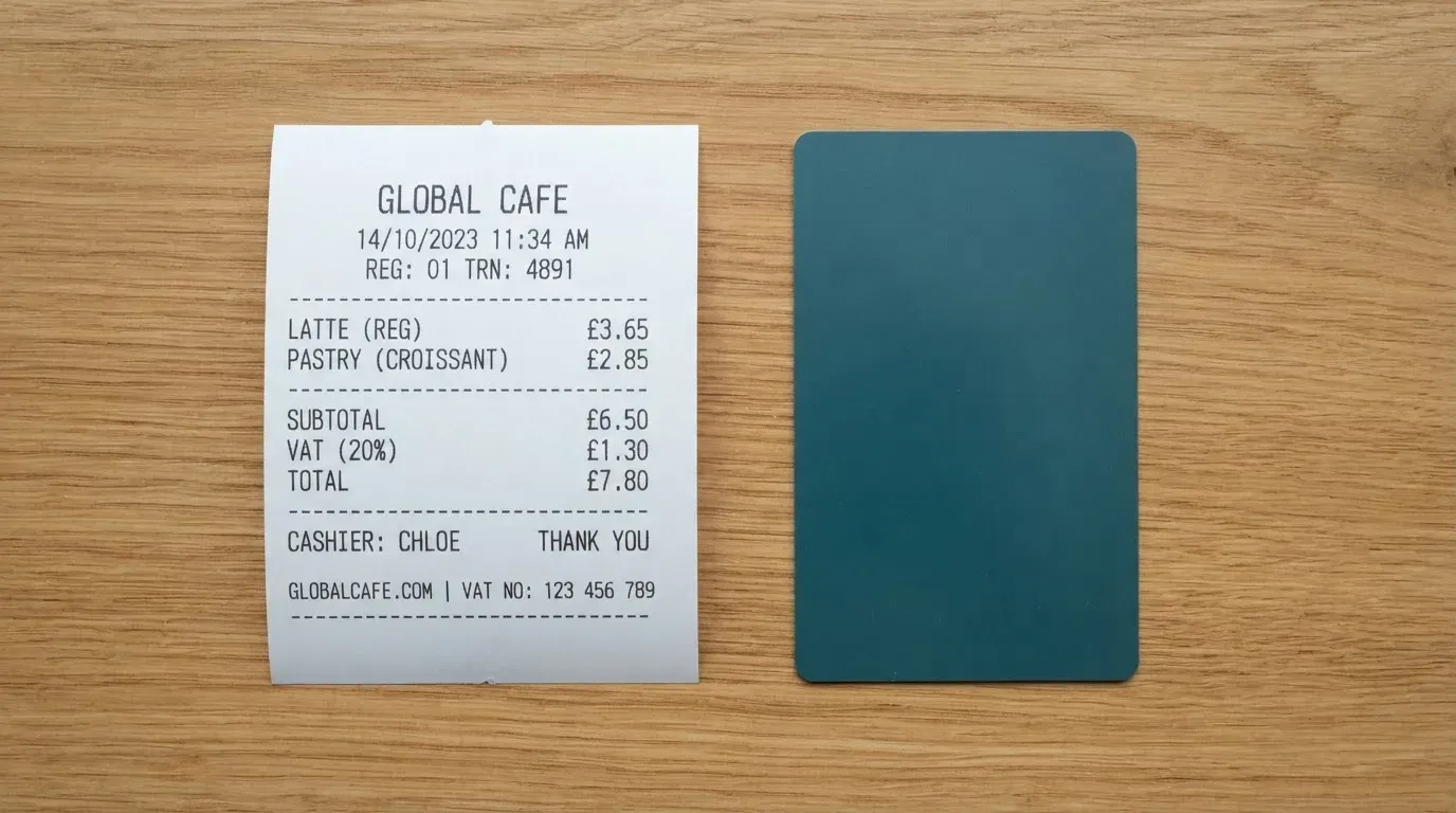 A receipt and a card on a café table