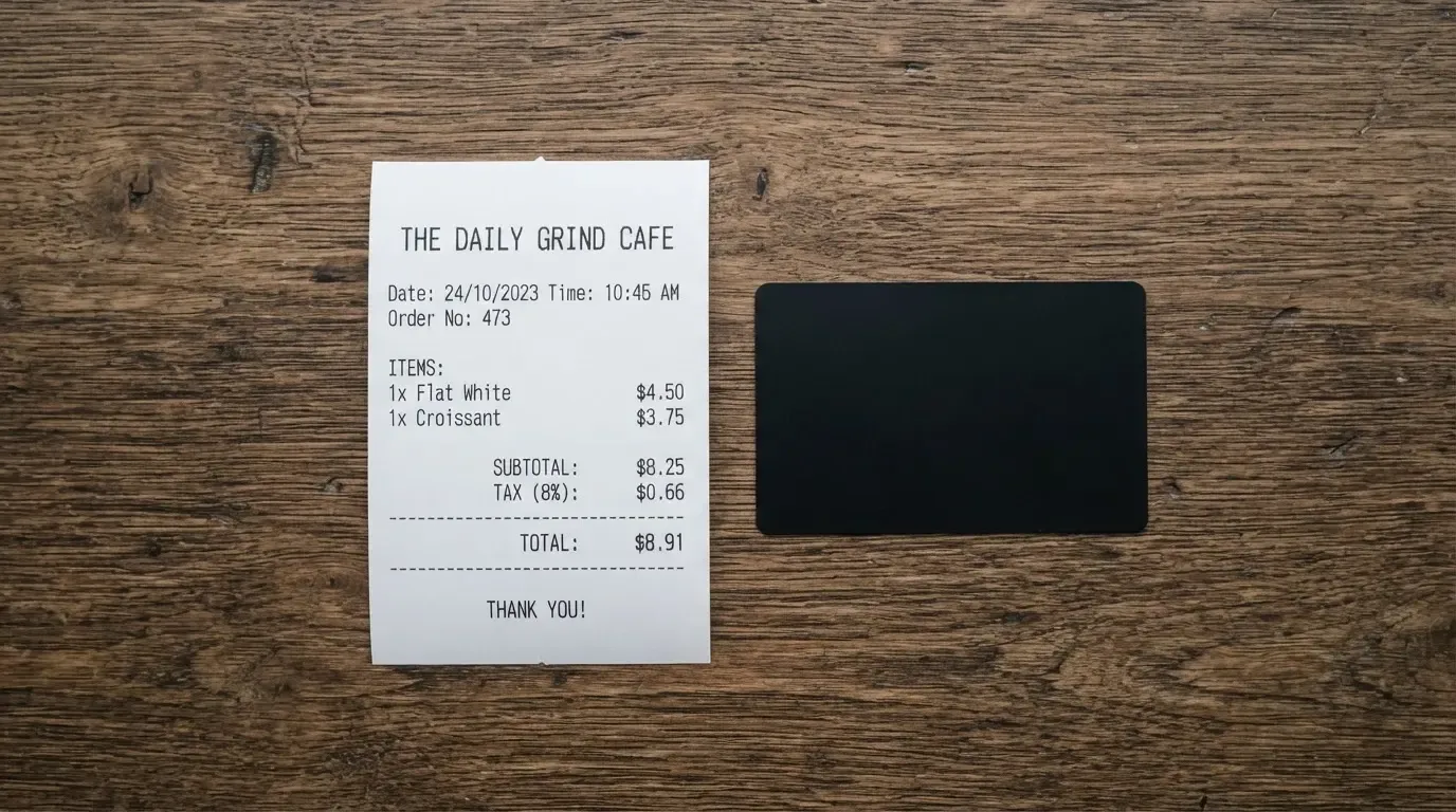 A receipt and a card on a café table