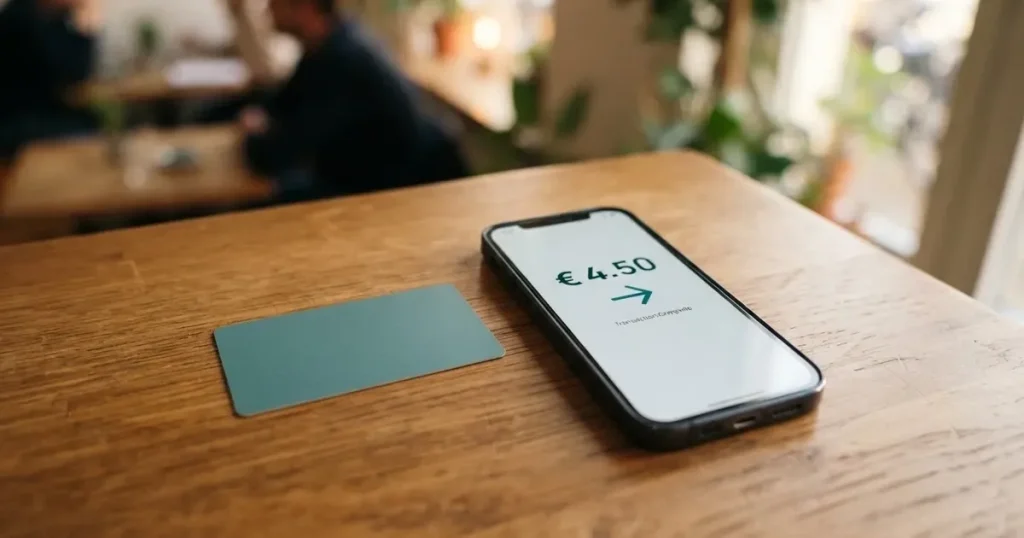 A payment card next to a phone with a crypto wallet app open