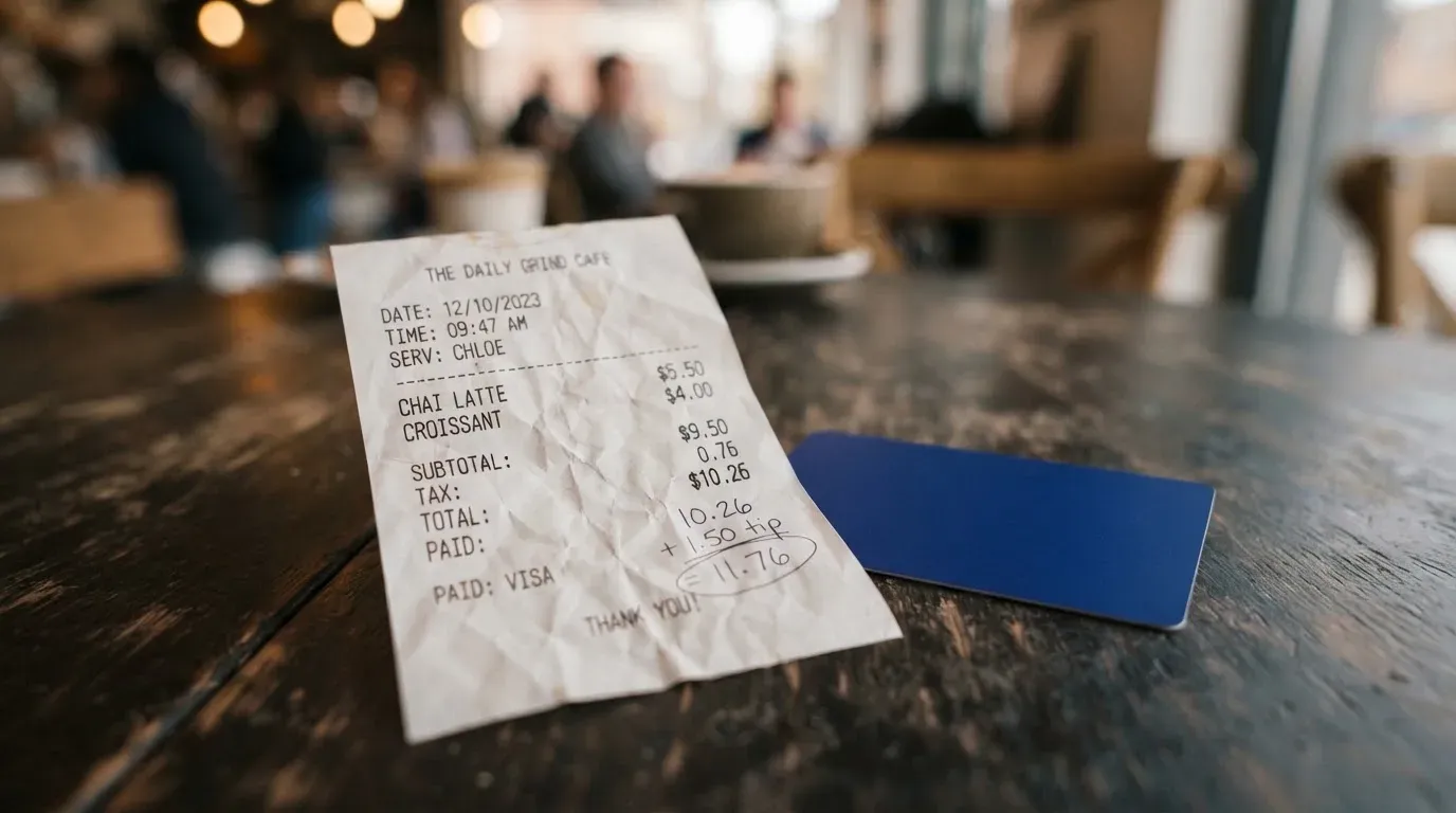 A receipt and a card on a café table