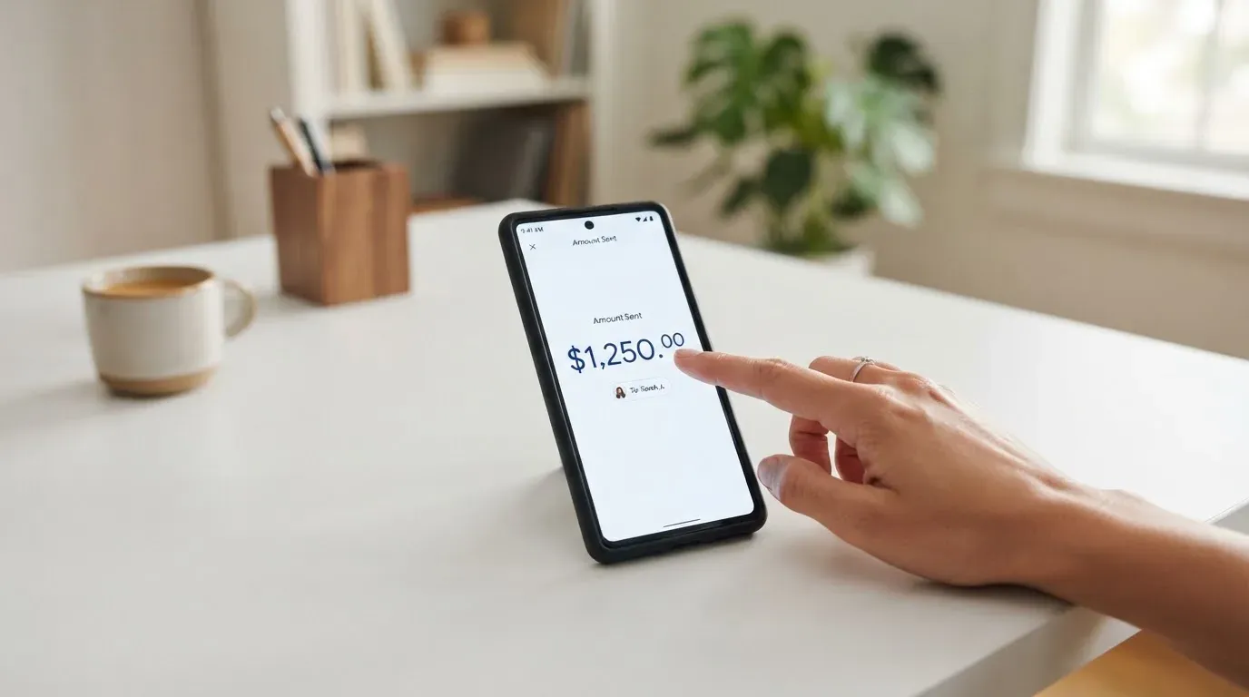 A phone showing a stablecoin transfer screen