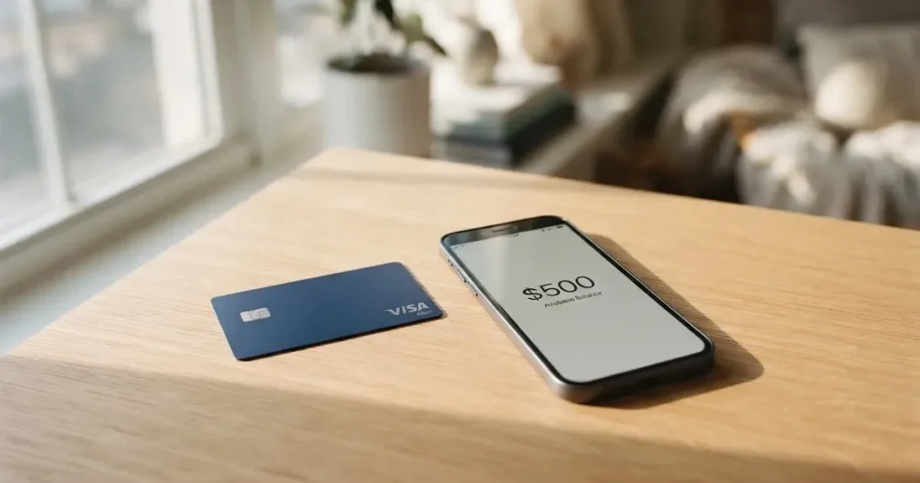 A payment card next to a phone with a crypto wallet app open