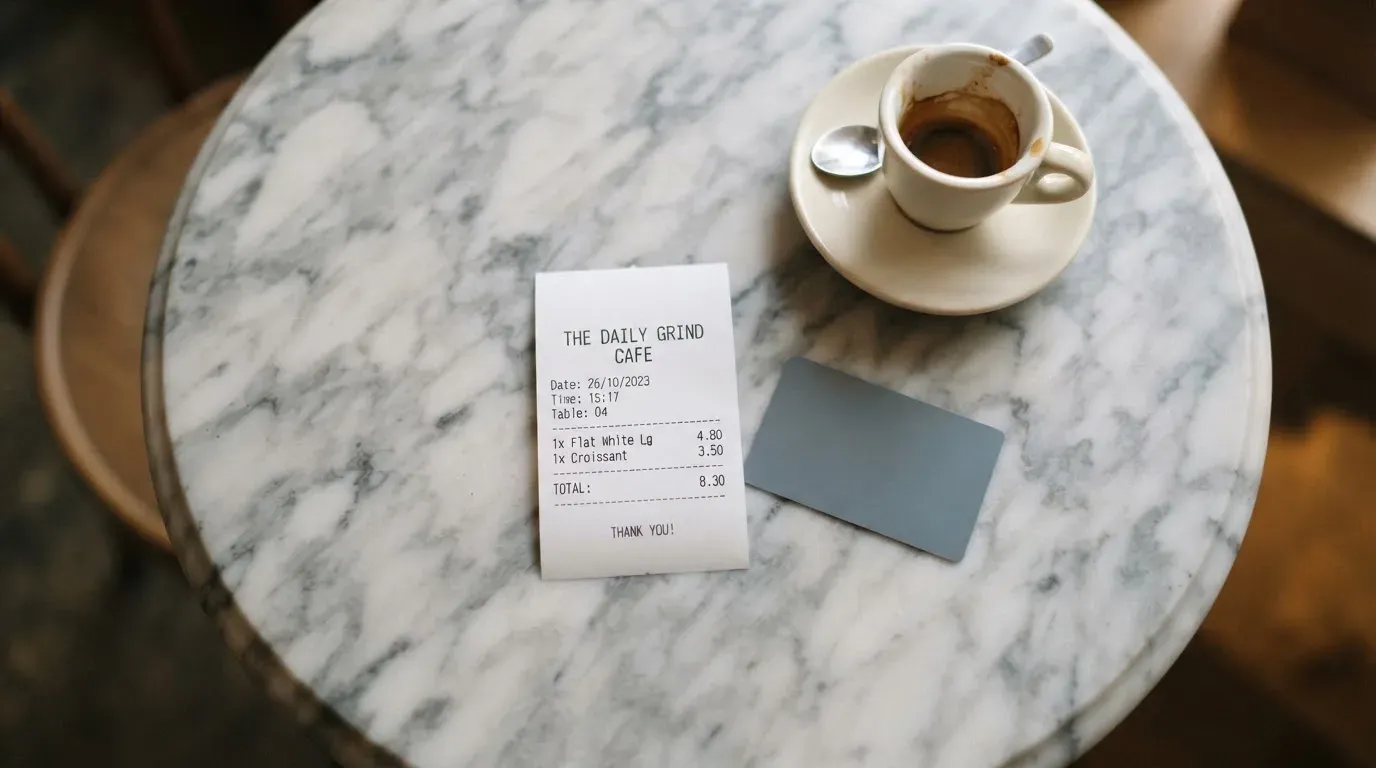 A receipt and a card on a café table