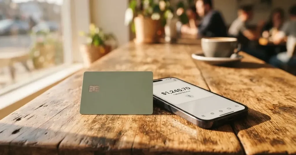 A payment card next to a phone with a crypto wallet app open