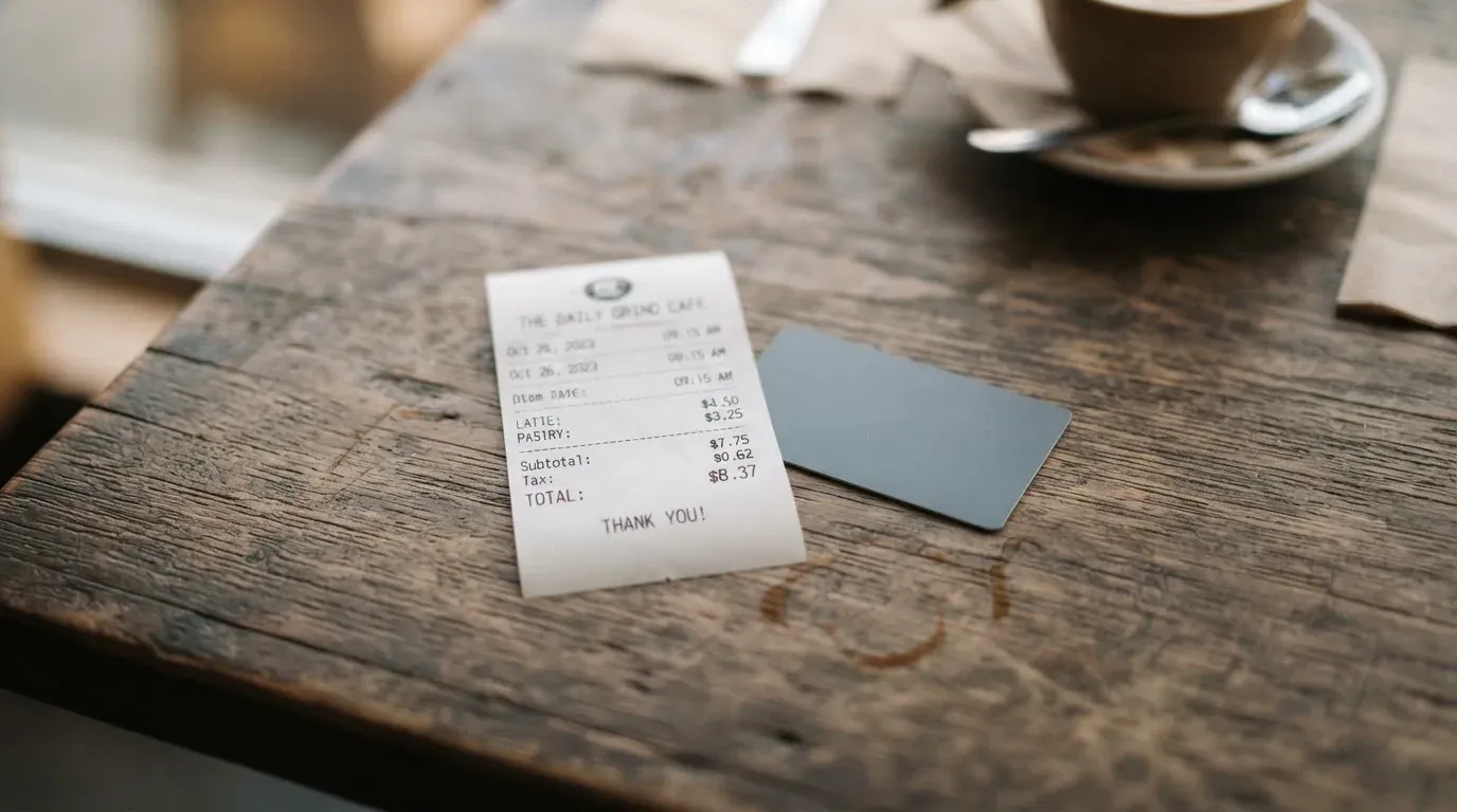 A receipt and a card on a café table