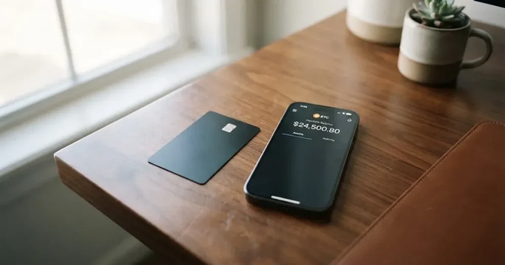 A payment card next to a phone with a crypto wallet app open