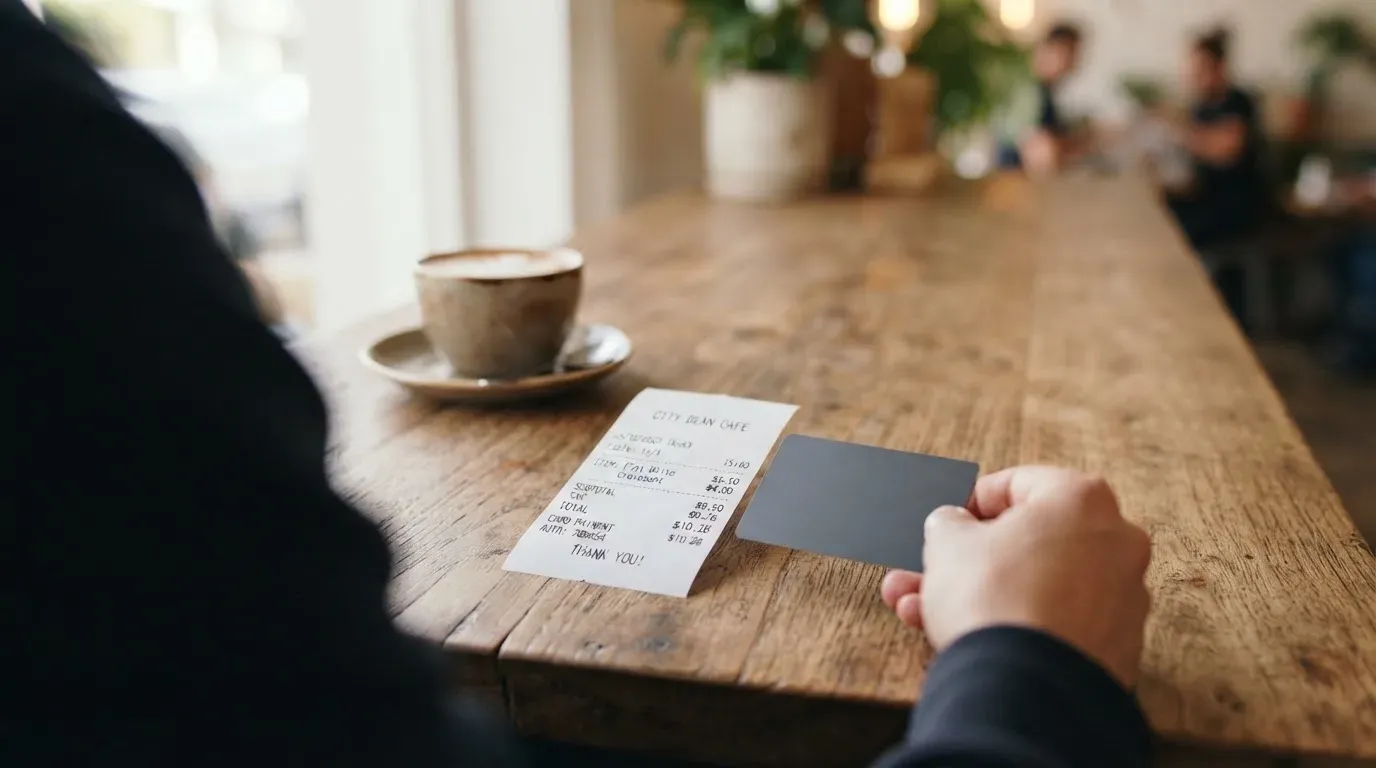 A receipt and a card on a café table