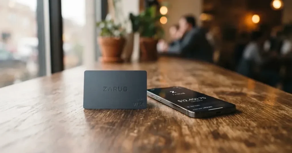 A payment card next to a phone with a crypto wallet app open
