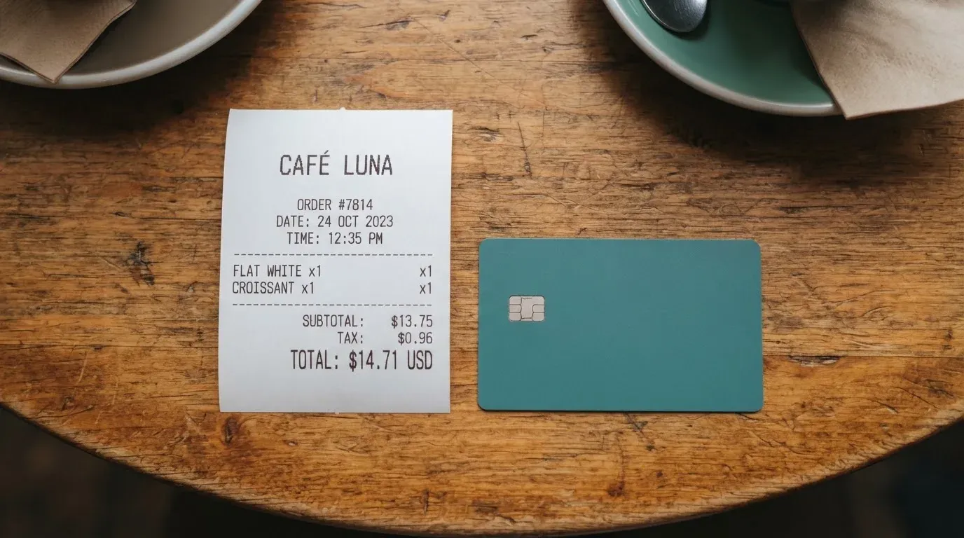 A receipt and a card on a café table