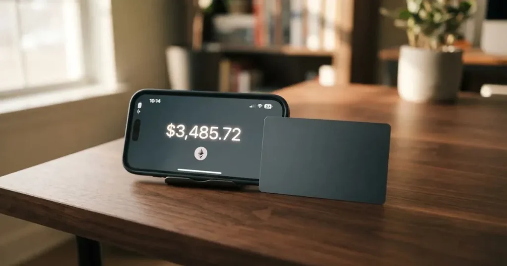 A payment card next to a phone with a crypto wallet app open