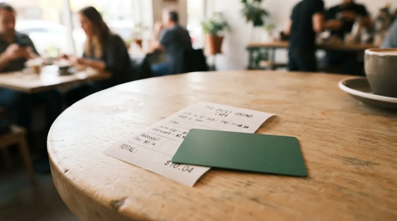 A receipt and a card on a café table
