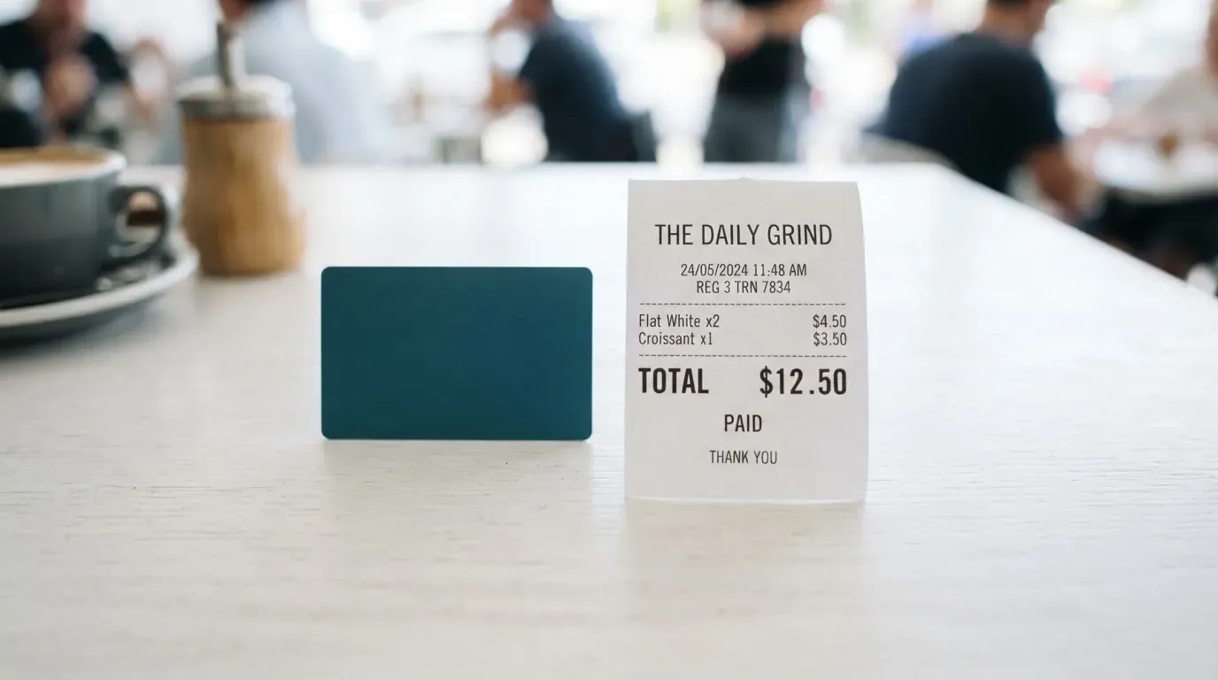 A receipt and a card on a café table