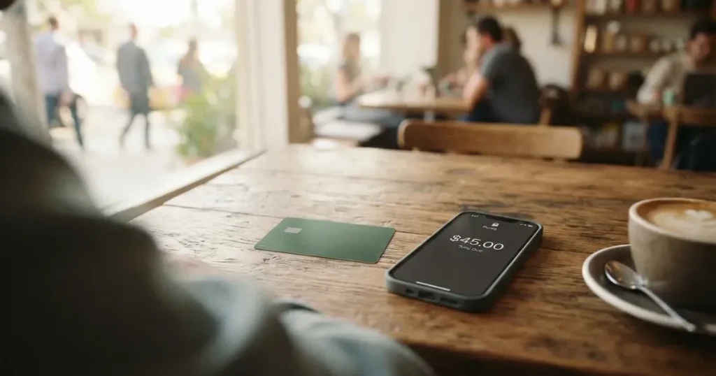 A payment card next to a phone with a crypto wallet app open