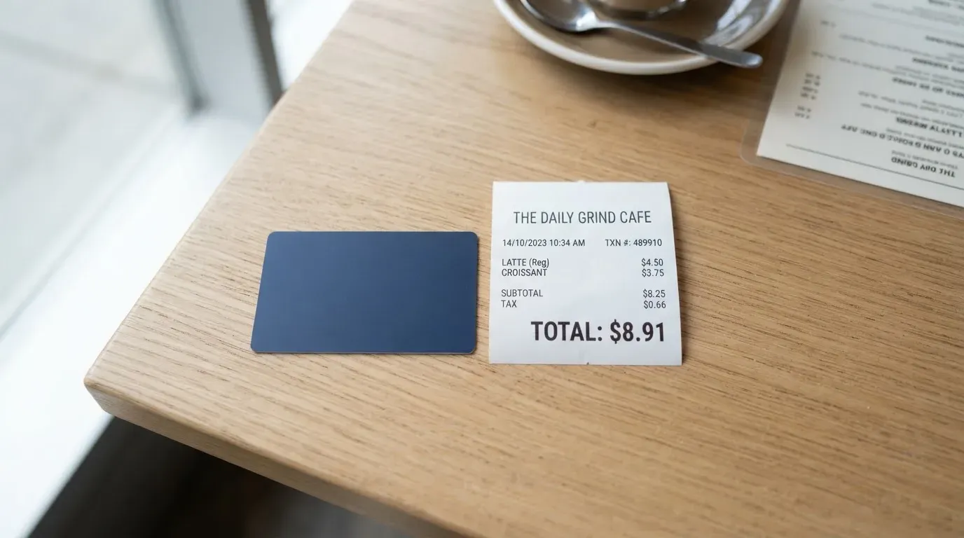 A receipt and a card on a café table