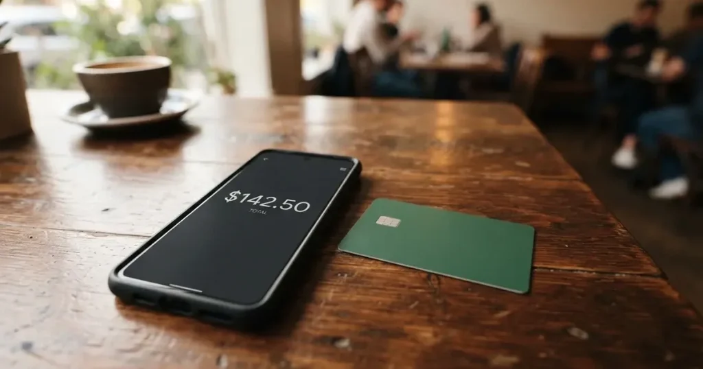 A payment card next to a phone with a crypto wallet app open