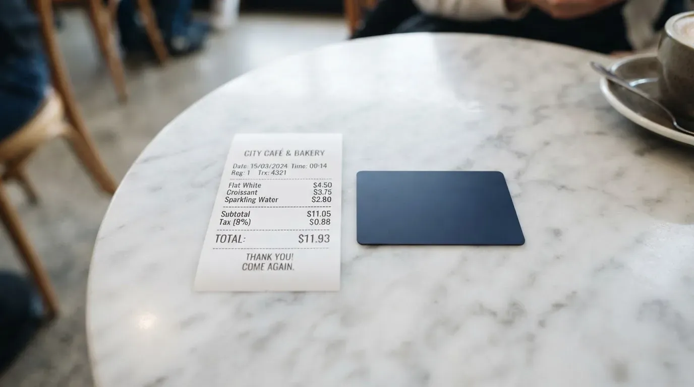 A receipt and a card on a café table