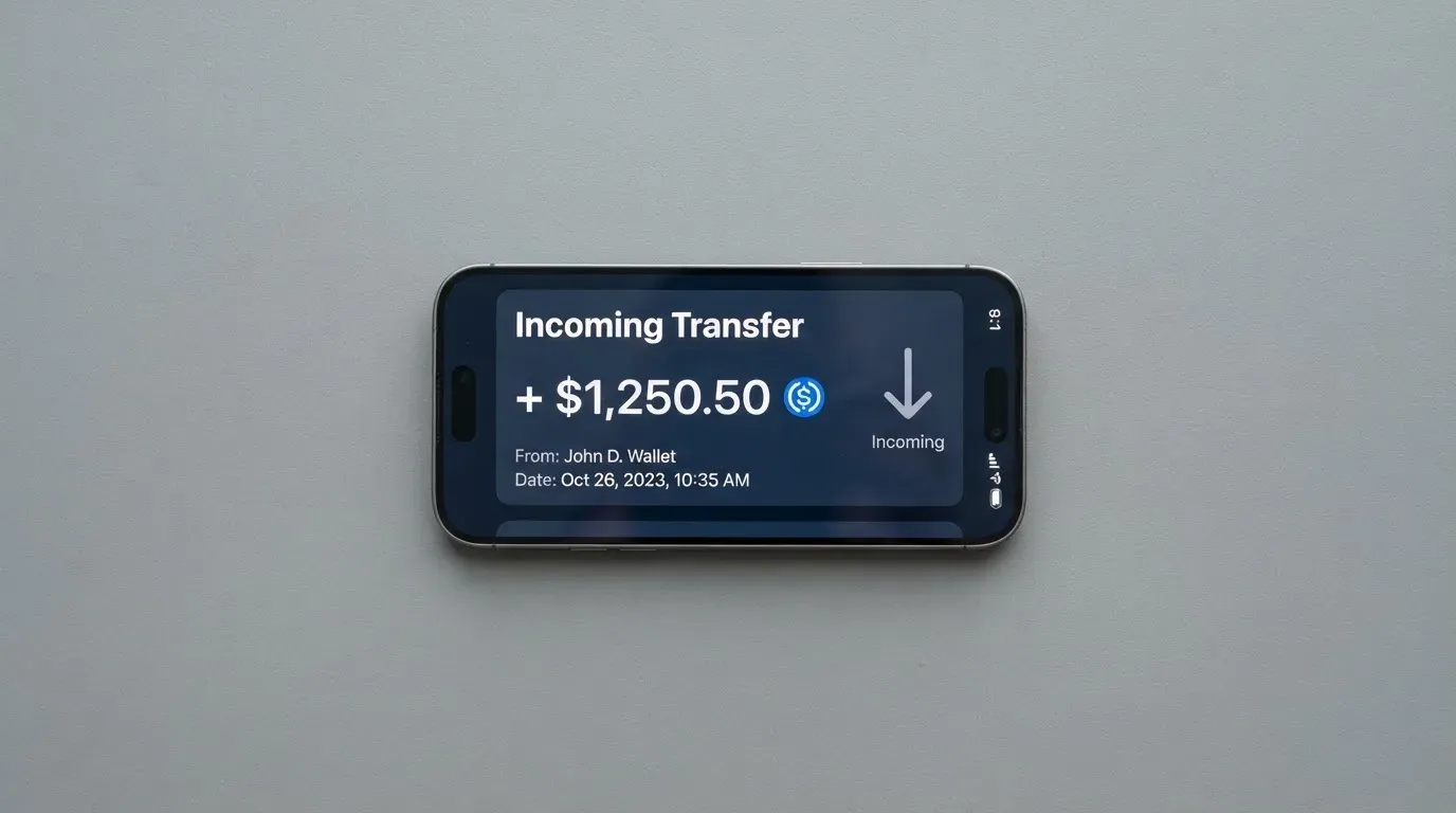A phone showing a stablecoin transfer screen