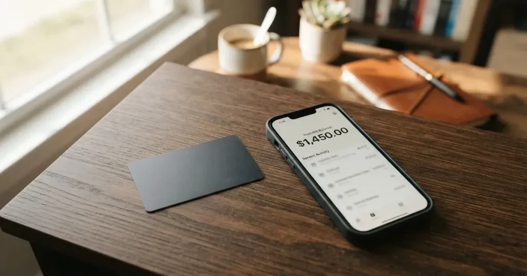A payment card next to a phone with a crypto wallet app open