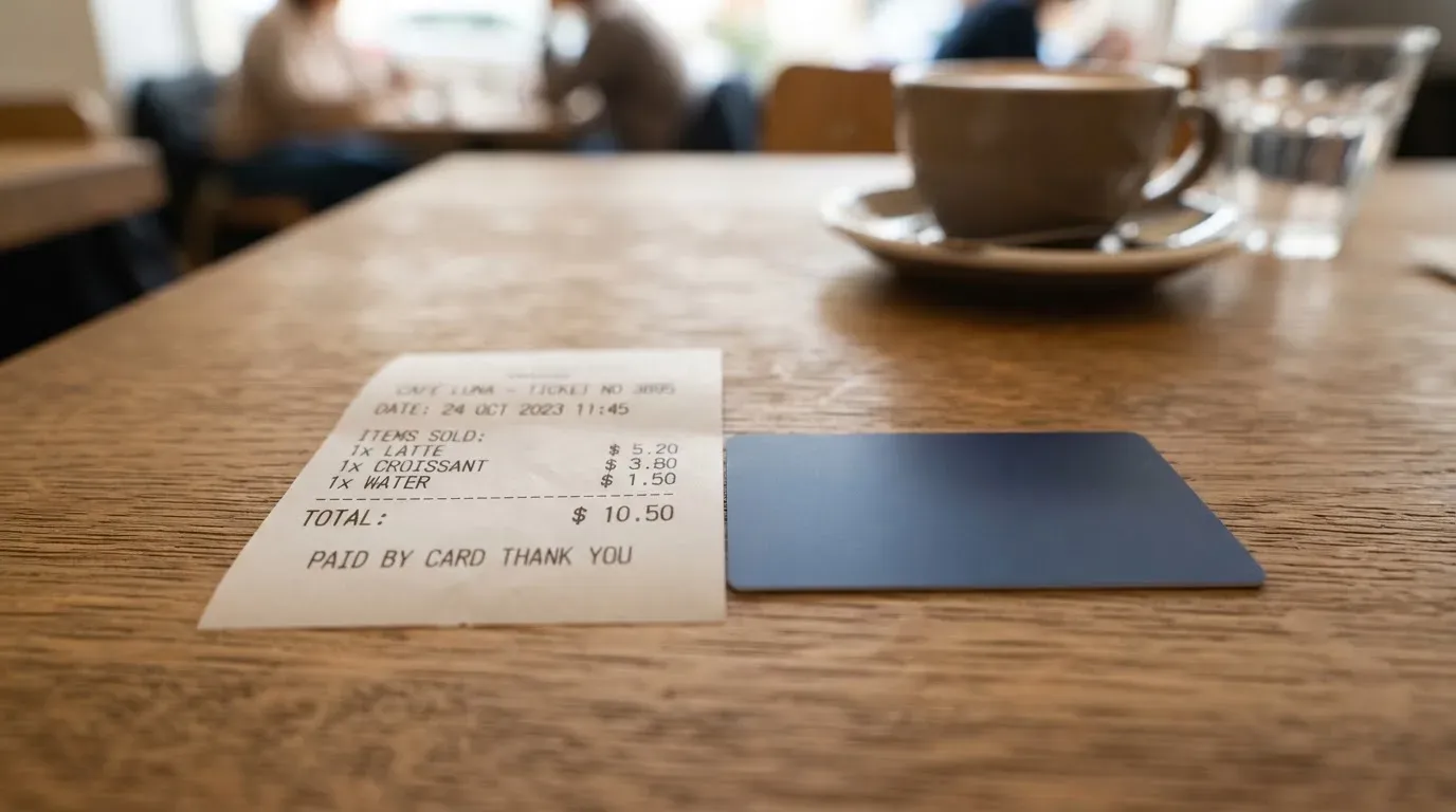 A receipt and a card on a café table