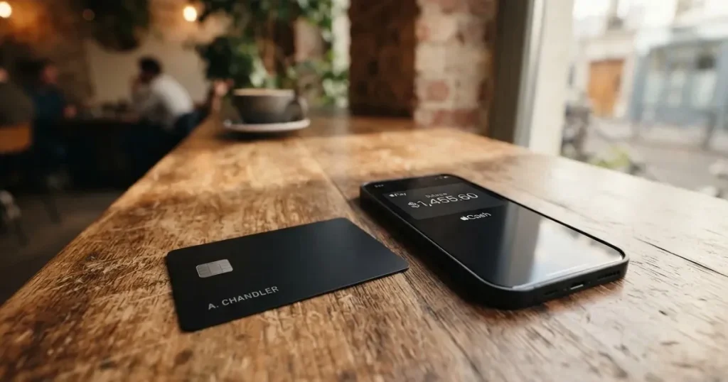 A payment card next to a phone with a crypto wallet app open