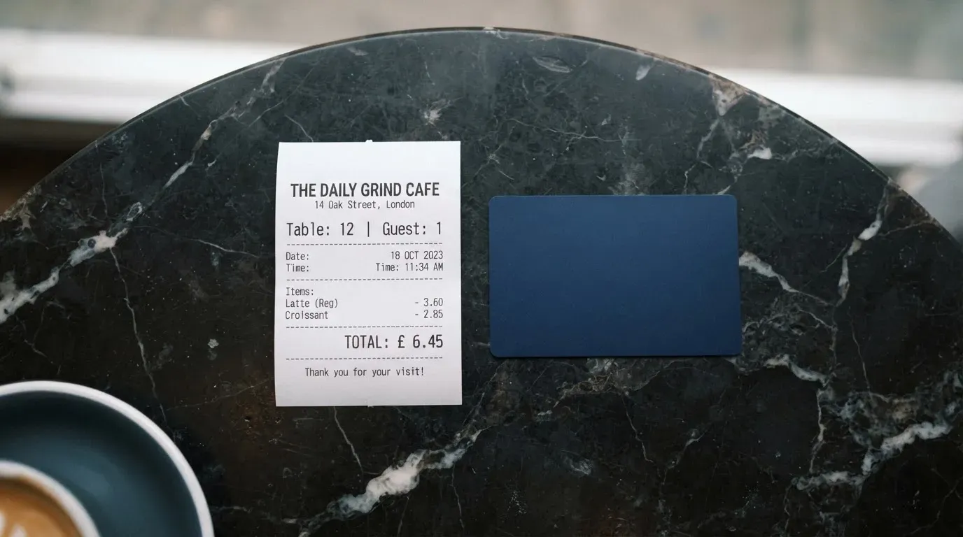 A receipt and a card on a café table
