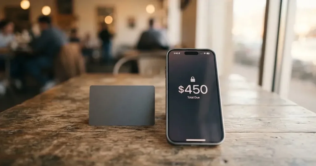 A payment card next to a phone with a crypto wallet app open