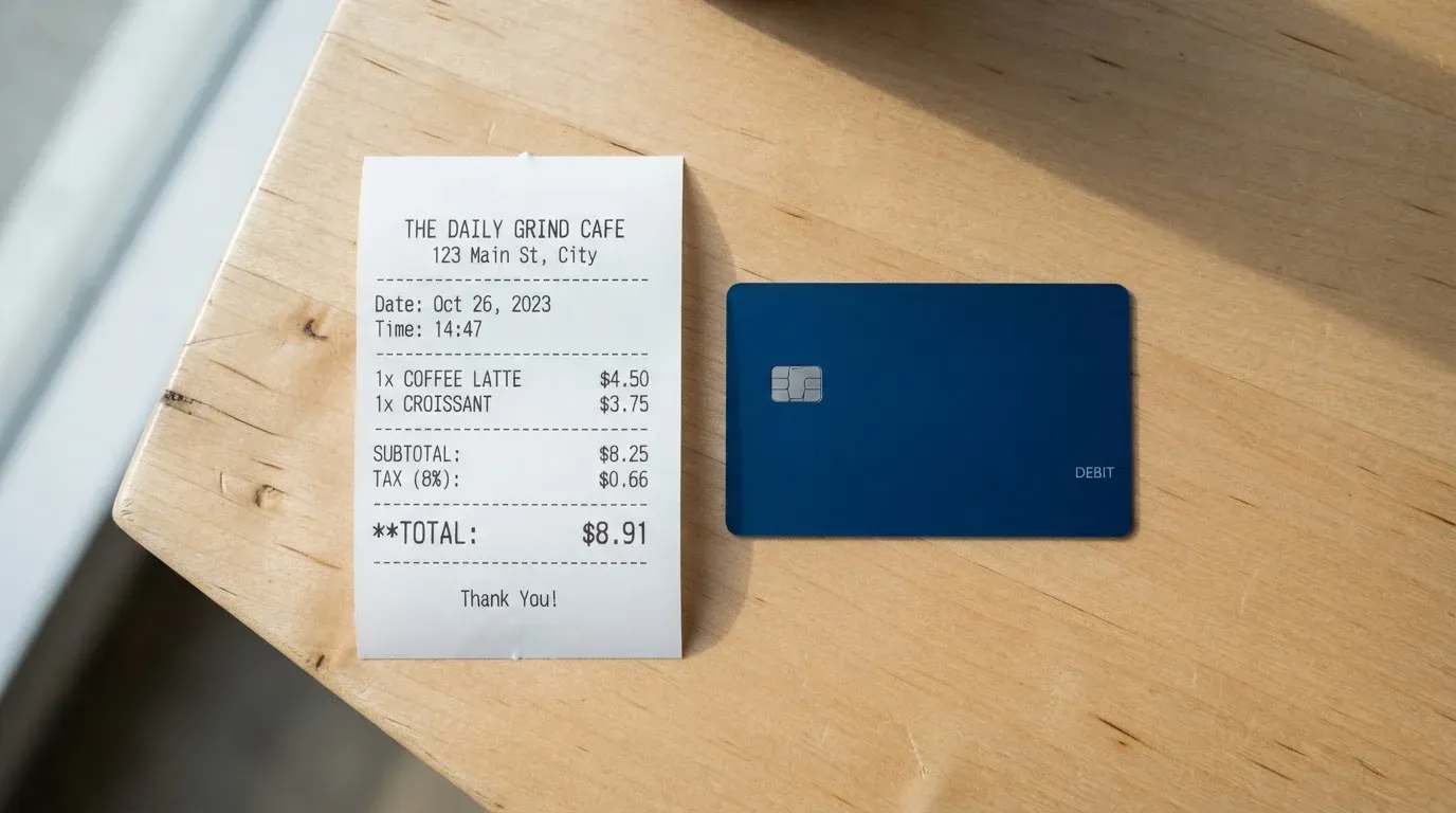 A receipt and a card on a café table
